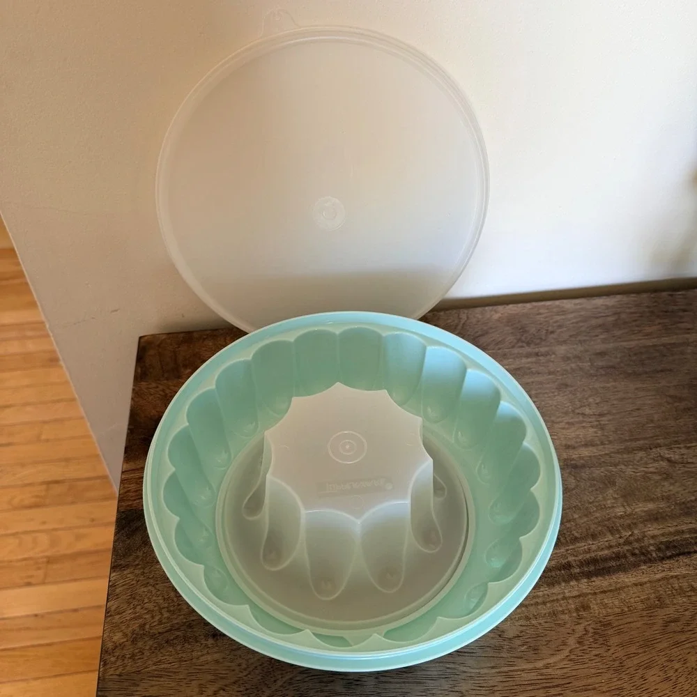 Tupperware Jel-Ring Mold 3-Piece Set Mint Green Vintage Aspic Server 6 Cup USA